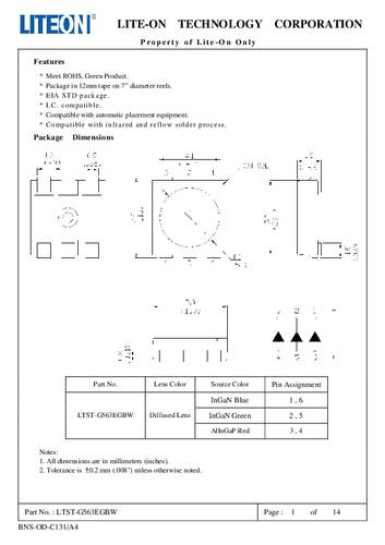 Lite-On LTST-G563EGBW SMD-LED PLCC RGB 1.120 mcd, 2.800 mcd, 560 mcd 120° 20 mA, 20 mA, 20mA 2.6 V, von Lite-on