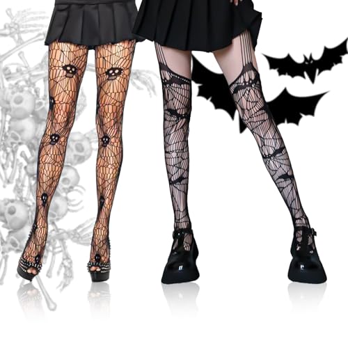 Lithyc 2 StüCk Skelett-Strumpfhose Damen-Halloween-Halloween-Netz-Strumpfhosen-Cosplay-Netzstrumpfhose-Skeletts für Halloween-Partys oder den Alltag von Lithyc