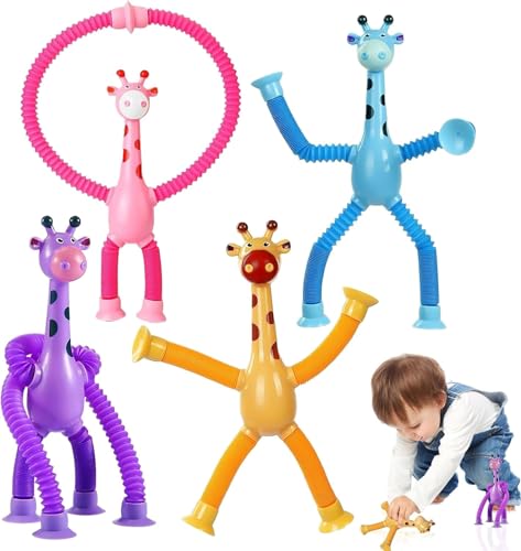 Lithyc 4 StüCk Teleskop-Saugnapf-Giraffe-Dekompressionsspielzeug-Saugspielzeug-Giraffe-Cartoon-Giraffe-Teleskopische Giraffen-Spielzeug-Geeignet FüR Jungen Und MäDchen von Lithyc