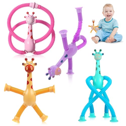 Lithyc 4 StüCk Teleskop-Saugnapf-Giraffe-Dekompressionsspielzeug-Saugspielzeug-Giraffe-Cartoon-Giraffe-Teleskopische Giraffen-Spielzeug-Geeignet FüR Jungen Und MäDchen von Lithyc