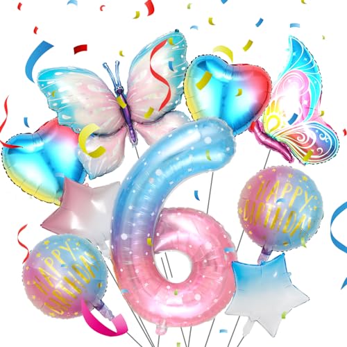 Lithyc 6 Jahre alt Geburtstag Deko,Geburtstag Deko Mädchen, Geburtstagsdeko Schmetterling,Bunte Geburtstagsdekoration,Zahlen-Folienballons,Kindergeburtstagsparty-Dekorationen, Babyparty-Dekorationen von Lithyc