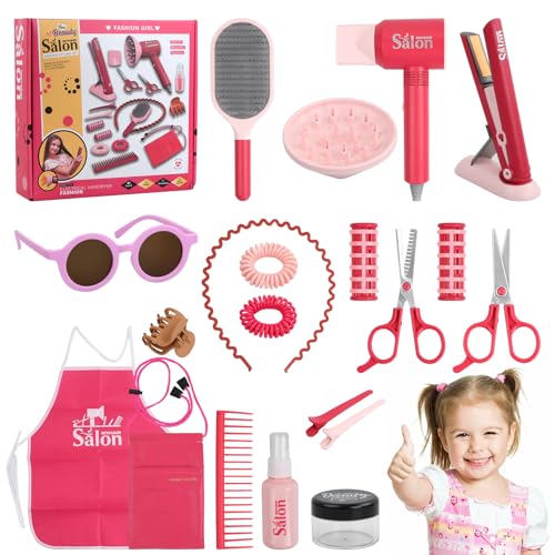 Litinliv 22-teilig Friseur Set Kinder Mädchen Spielzeug, Friseurspielzeug Kit mit Fön Haarglätteisen Lockenstab Kamm Schürze und Haarstyling Zubehör, Spielzeug Geschenk für Kinder ab 3 Jahren von Litinliv