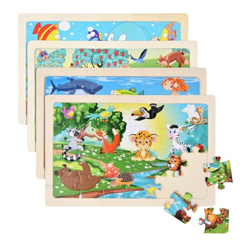 Litinliv 4x24 Teilen Kinder Holzpuzzle, Tier Holzpuzzle, Tiere Puzzle ab 3 4 5 6 Jahre, Vorschule Lehrreiches Spielzeug Montessori, Kinderpuzzle Kinderspielzeug, Geschenke für Kinder Jungen Mädchen von Litinliv