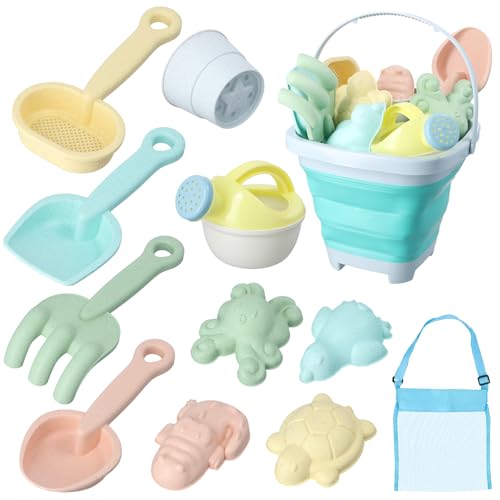 Litinliv Sandspielzeug Set, 12pcs Sandspielzeug Strandspielzeug Kinder, Sandkasten Spielzeug mit Faltbarer Eimer, Schaufel, Sandförmchen, Netzbeutel Strand, Strand Spielzeug für Kinder (Blue) von Litinliv