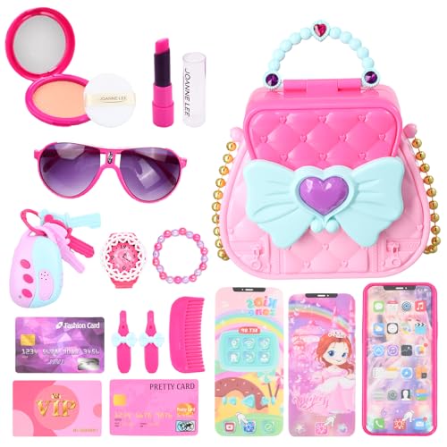 Litinliv Schminktasche für Mädchen, Handtasche für Kinder mit Handy Autoschlüssel Handy Schminkspielzeug und mehr, Make Up Spielzeug, Kinderschminke Set für ab 3 Jahren Kinder, Geschenk für Mädchen von Litinliv