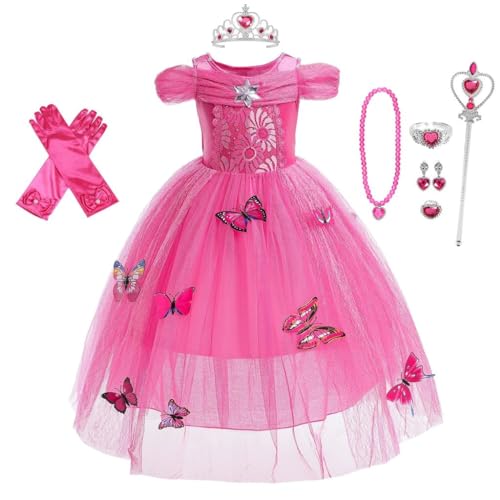 Lito Angels Aurora Kleid mit Zubehör für Kinder Mädchen, Prinzessin Dornröschen Kostüm Verkleidung, Größe 7-8 Jahre 122 128, Heißes Rosa von Lito Angels