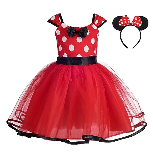 Lito Angels Minnie Mouse Kostüm für Mädchen Kinder, Mini Polka Dot Kleid Verkleidung mit Maus Ohren Haarreif, Größe 9-12 Monate 80 (Stoffetikett 80), Rot von Lito Angels