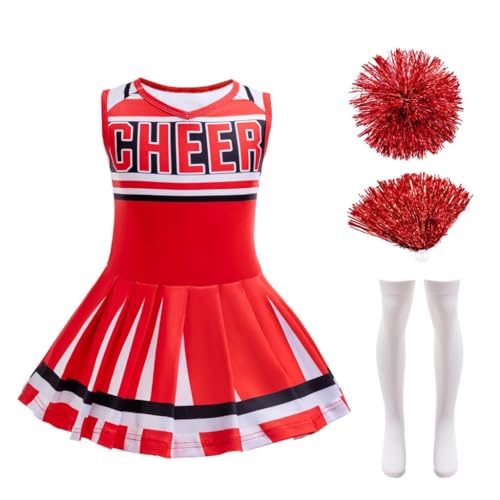 Lito Angels Cheerleader Kostüm Kleid Outfit Verkleidung mit Pompons und Socken für Kinder Mädchen Größe 7-8 Jahre 128, Rot von Lito Angels