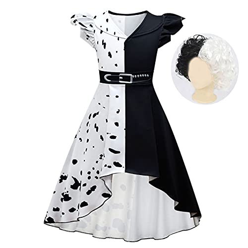 Lito Angels Cruella Deville Kostüm mit Perücke für Kinder Mädchen, Schwarzer und Weißer Dalmatiner Fleck Kleid Verkleidung, Größe 7-8 Jahre 128, B von Lito Angels