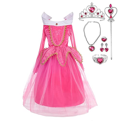 Lito Angels Dornröschen Prinzessin Aurora Kleid Kostüm Verkleidung mit Zubehör für Kinder Mädchen Größe 4-5 Jahre 110, Pink von Lito Angels