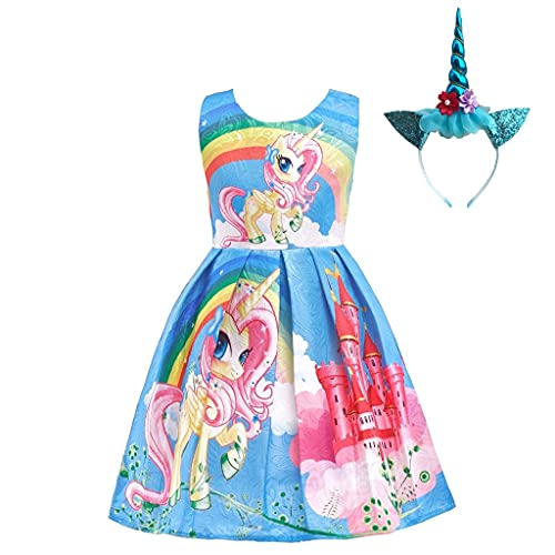 Lito Angels Einhorn Kleid Kostüm mit Haarreifen für Kinder Mädchen, Little Pony Prinzessin Sommerkleid Geburtstag Kinderkleidung, Größe 6-7 Jahre 122, Stil C - Blau von Lito Angels