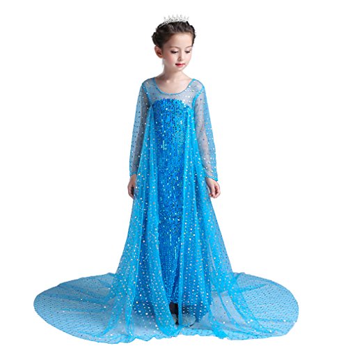 Lito Angels Eiskönigin Prinzessin Elsa Pailletten Blau Kleid mit Schleppe für Kinder Mädchen, Verkleidung Kostüm, Größe 7-8 Jahre 128 von Lito Angels