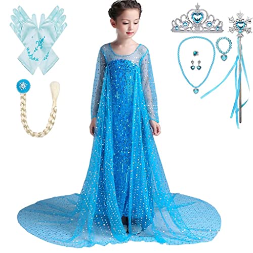 Lito Angels Eiskönigin Prinzessin Elsa Pailletten Blau Kleid mit Umhang und Zubehör für Kinder Mädchen, Verkleidung Kostüm, Größe 7-8 Jahre 128 von Lito Angels