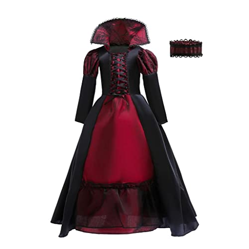 Lito Angels Gothic Vampir Kostüm Kleid Verkleidung mit Choker Halsband für Kinder Mädchen Größe 7-8 Jahre 128, Schwarz und Burgund von Lito Angels