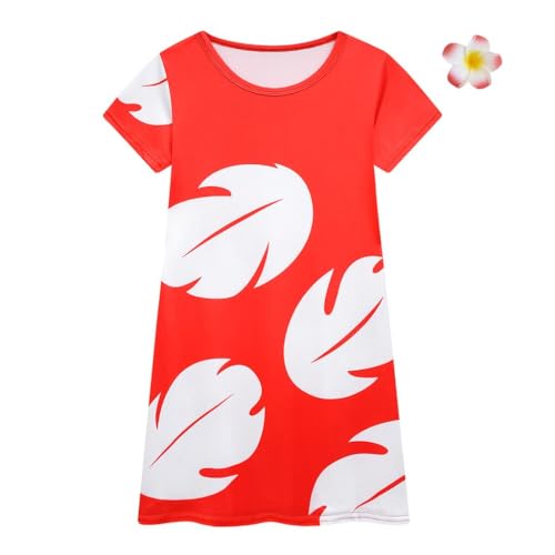 Lito Angels Hawaiisch Kleid Kostüm Verkleidung mit Blumen Haarspange für Kinder Mädchen Größe 8-9 Jahre 134, Rot von Lito Angels