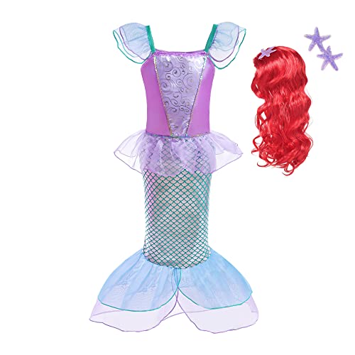 Lito Angels Meerjungfrau Prinzessin Arielle Kostüm Kleid Verkleidung mit Haar Perücke für Kinder Mädchen, Größe 5-6 Jahre 116, Lila von Lito Angels