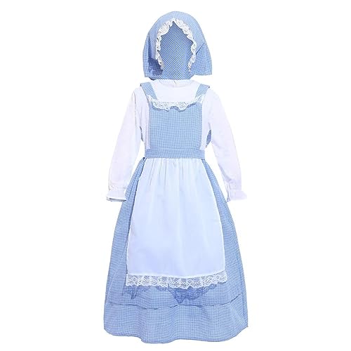 Lito Angels Mittelalterlich Kolonial Pionier Gingham Kleid Kostüm Verkleidung mit Schürze und Haube für Kinder Mädchen Größe 6-8 Jahre 122 128, Blau (Tag-Nummer 0S) von Lito Angels