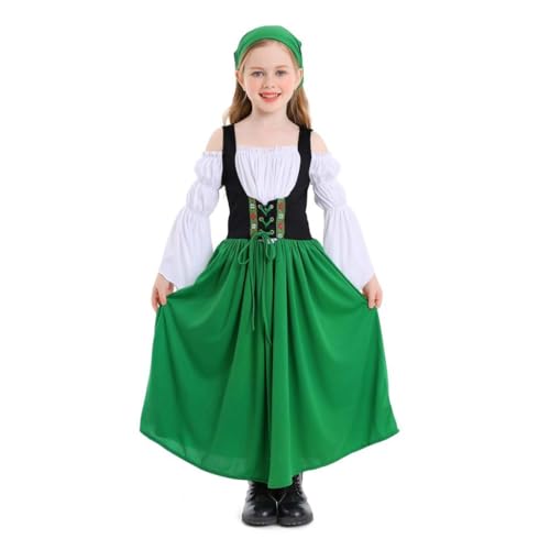 Lito Angels Oktoberfest Bayerisch Dirndl Tracht Deutsche Kleid Kostüm Verkleidung mit Kopftuch für Kinder Mädchen Größe 12-13 Jahre 158, Grün von Lito Angels