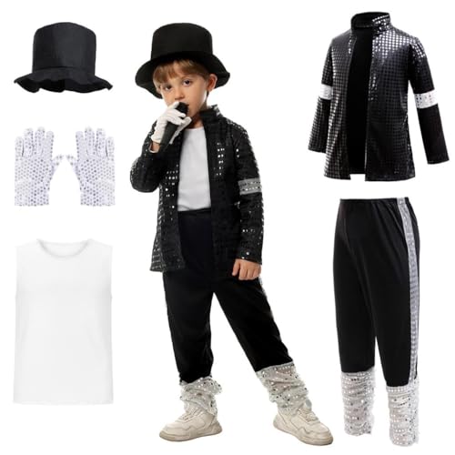 Lito Angels King of Pop Showtanz Kostüm Set für Jungen, 80er Vintage Schwarz-Weiß Pailletten Jacke, Bühnenoutfit Moonwalk Halloween Karneval Tanzperformance, Kinder 8-9 Jahre 134 Lito Angels King of Pop Showtanz Kostüm Set für Jungen, 80er Vintage Schwarz-Weiß Pailletten Jacke, Bühnenoutfit Moonwalk Halloween Karneval Tanzperformance, Kinder 8-9 Jahre 134 von Lito Angels