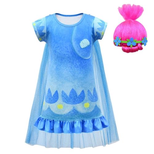 Lito Angels Poppy Trolls Kleid Kostüm Verkleidung mit Rosa Perücke für Kinder Mädchen Größe 5-6 Jahre 116, Blau von Lito Angels