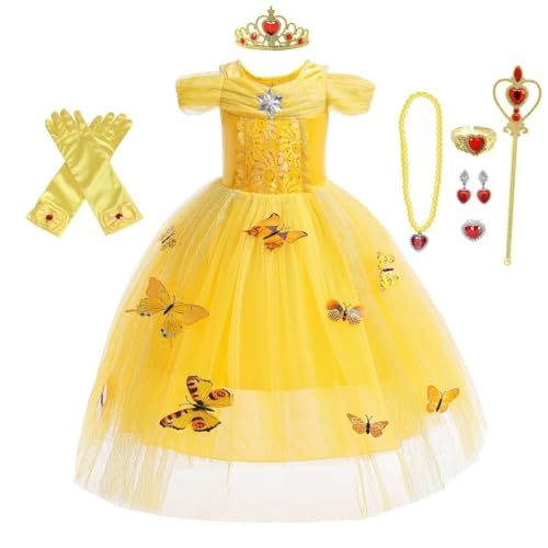 Lito Angels Prinzessin Belle Kleid mit Zubehör für Kinder Mädchen, Die Schöne und das Biest Kostüm Verkleidung, Größe 4-5 Jahre 110, Gelbes von Lito Angels