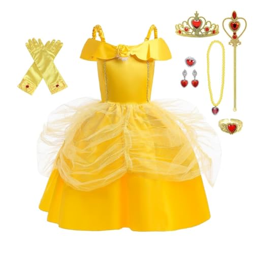 Lito Angels Prinzessin Belle Kostüm Kleid mit Zubehör, Die Schöne und das Biest Verkleidung für Kinder Mädchen Größe 6-8 Jahre 122 128, Stile A von Lito Angels