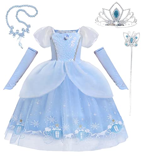 Lito Angels Prinzessin Cinderella Aschenputtel Kostüm Kleid Verkleidung mit Handschuhen und Zubehör für Mädchen Kinder, Größe 2-3 Jahre 98, Blau von Lito Angels