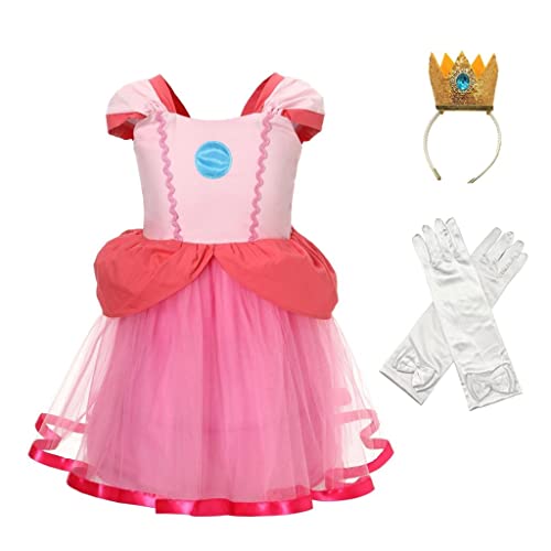 Lito Angels Prinzessin Peach Kostüm Kleid Verkleidung mit Krone und Handschuhen für Kinder Mädchen Größe 4-5 Jahre 110 (Tag-Nummer 120) von Lito Angels