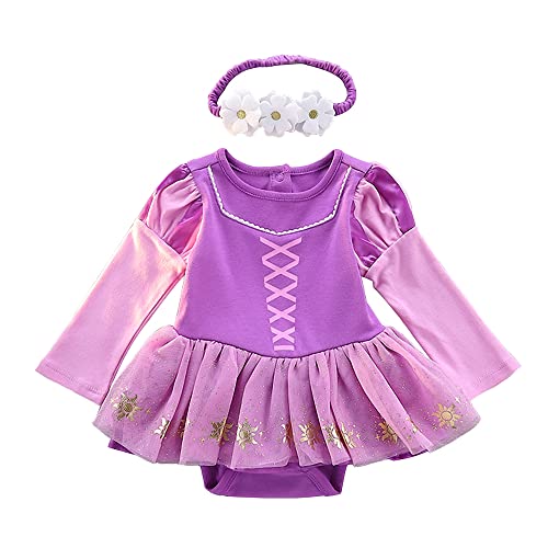 Lito Angels Prinzessin Rapunzel Kleid mit Stirnband für Baby Mädchen, Body Strampler Kostüm Verkleidung, Größe 0-3 Monate, Langarm von Lito Angels