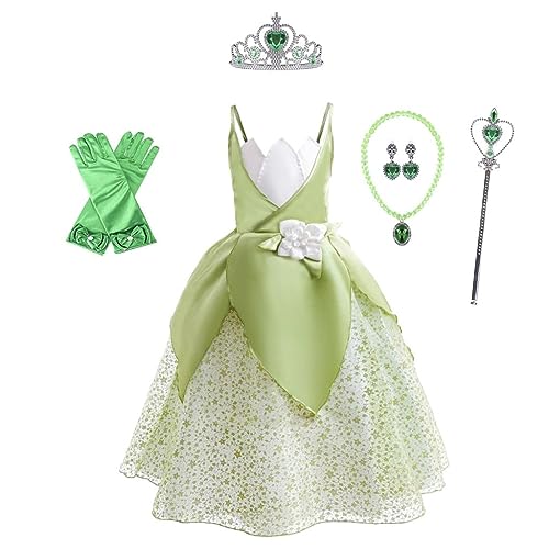 Lito Angels Prinzessin Tiana Kostüm Kleid Verkleidung mit Zubehör für Mädchen Kinder, Größe 4-5 Jahre 110, Grün (Tag-Nummer 100) von Lito Angels