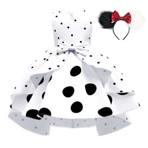 Lito Angels Schwarz Weiß Polka Dot Kleid für Mädchen Kinder, 101 Dalmatiner Kostüm Verkleidung mit Maus Ohren Haarreifen, Größe 8-9 Jahre 134 (Tag-Nummer 140) von Lito Angels