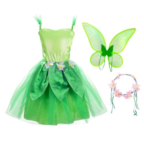 Lito Angels Tinkerbell Kostüm Grüne Fee Kleid mit Blumen Stirnband Blumenkranz Haare und Flügel für Mädchen Kinder, Größe 2-4 Jahre, M von Lito Angels