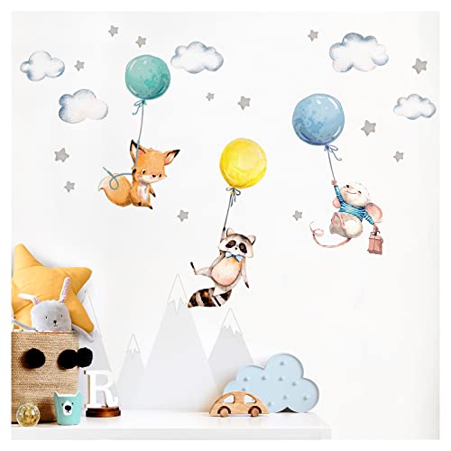 Little Deco Aufkleber Babyzimmer Tiere & Luftballons I Wandbild 144 x 85 cm (BxH) I Waschbär Fuchs Sterne Maus Wandtattoo Kinderzimmer Junge Mint DL508 von Little Deco