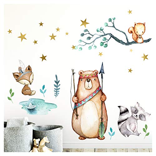 Little Deco Wandaufkleber Fuchs Bär Indianer I 97 x 74 cm (BxH) I Wandtattoo Kinderzimmer Waldtiere Pfeil Bogen Junge Babyzimmer Wandsticker Baby Bilder DL206-6 von Little Deco