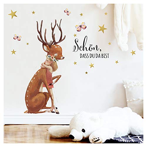 Little Deco Wandtattoo Kinderzimmer REH & Mädchen Spruch Schön das du da bist I 90 x 64 cm (BxH) I Aufkleber Tiere Babyzimmer Wandaufkleber Wandsticker Stickers DL207-29 von Little Deco