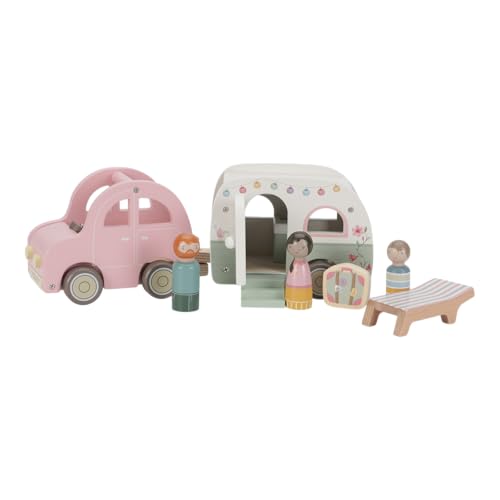 Little Dutch 8022 FSC Holz Auto mit Wohnwagen, Spielfiguren und Zubehör 10-teiliges Set - rosa von Little Dutch