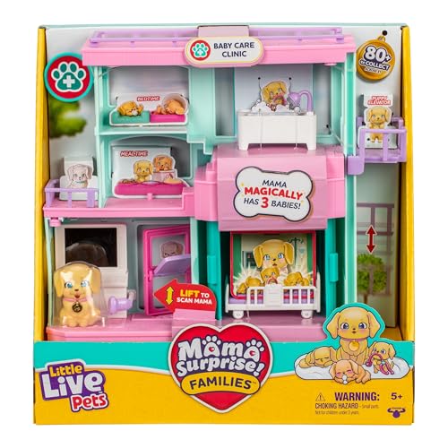 Little Live Pets Mama Surprise Families Baby-Klinik-Spielset, 3 Retriever-Welpen enthüllen, magisch, zweiseitiges Spielset (27,8 cm breit, 23,8 cm hoch). Füttern, Baden & Spielen, Geschenk für Kinder von Little Live Pets