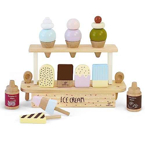 Little Log Eisständer aus Holz Eistheke Eiscreme-Set Holzspielzeug-Lebensmittel Kinderküche Kaufmannsladen Zubehör Kinder Rollenspiel-Geschenke für Jungen Mädchen ab 3 Jahren von Little Log