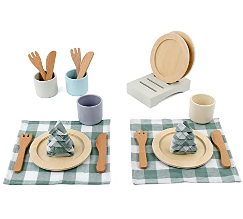 Little Log Geschirrset aus Holz Kinder spielküche zubehör Kinderküchen Set Geschenk Rollenspielzeug für Mädchen und Jungen ab 3 Jahren von Little Log