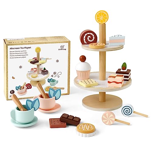 Little Log Holz Etagere Dessert Ständer aus Holz Tee Party Set Holzspielzeug für Kinder Rollenspiel Spielzeug Lebensmittel Set Teeservice Kinderküche zubehör Geschenk für Mädchen Jungen ab 3 Jahren von Little Log