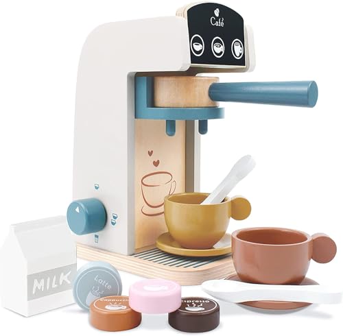 Little Log Holz Kaffeemaschine Set, Kaffeemaschine Spielset - Holz Deluxe Spielküchenset mit Zubehör (13 Stück) von Little Log