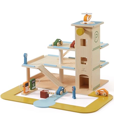 Little Log Holzspielzeug Parkgarage Autowäsche Zubehör, Spielgarage mit Aufzug, Hubschrauber, 21 teiliges Holzspielzeug Set mit 3 Etagen für Kinder ab 3 Jahren von Little Log