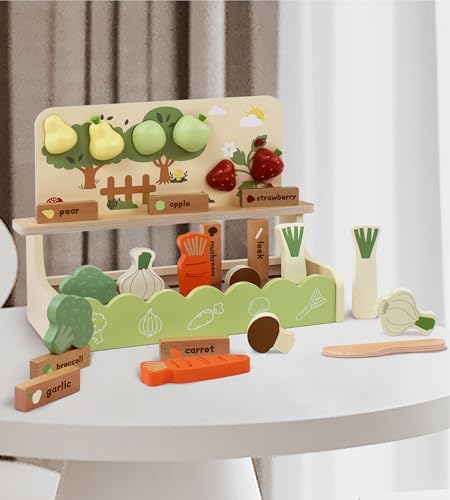 Little Log Holzspielzeug Spielgarten Set Holzlebensmittelspielzeug Gartenbauset Kinderspielküchenzubehör Rollenspiel Holzschneiden von Lebensmitteln Obst und Gemüse Geschenke für Mädchen Jungen ab 3 von Little Log