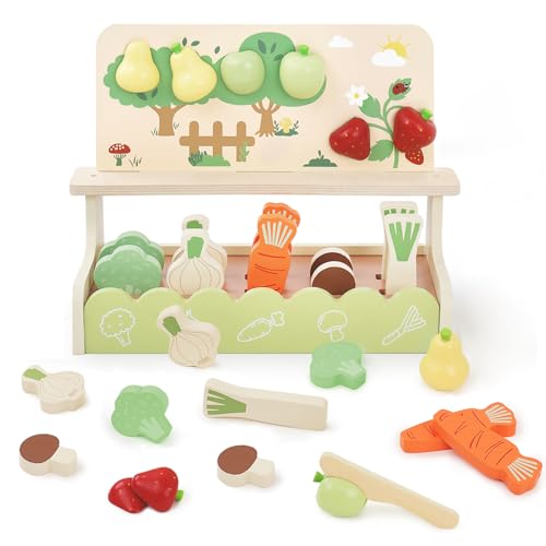 Little Log Holzspielzeug Spielgarten Set Holzlebensmittelspielzeug Gartenbauset Kinderspielküchenzubehör Rollenspiel Holzschneiden von Lebensmitteln Obst und Gemüse Geschenke für Mädchen Jungen ab 3 von Little Log