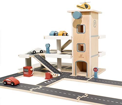 Little Log Parkgarage aus Holz Auto Parkhaus Garage mit Zubehör, Spielgarage mit Lift, Hubschrauber (70 x 50 x 36.5 cm)… von Little Log