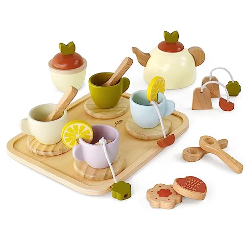 Little Log Teeservice Kinder Holz Tee Set spielküche Holzspielzeug Teeparty-Set Kinderküche Zubehör Spielen Lebensmittel Set Rollenspiel Geschenk für Mädchen Jungen ab 3 Jahren von Little Log