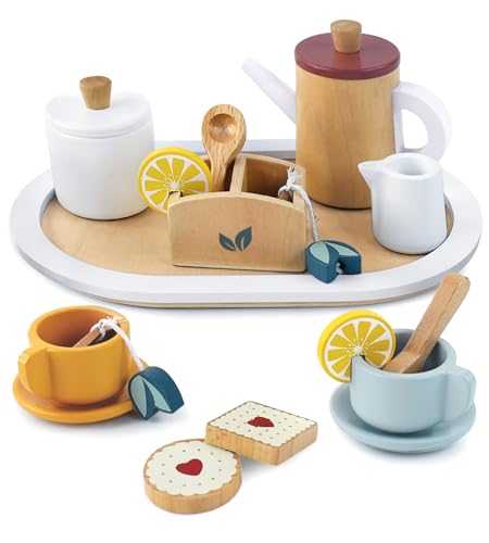 Little Log Teeset aus Holz für kleine Mädchen, Holzspielzeug für Kinder, Rollenspiel, Teeparty-Set, Kinderküchenzubehör mit Spielnahrung für Mädchen, Jungen, Kleinkinder ab 3 Jahren von Little Log