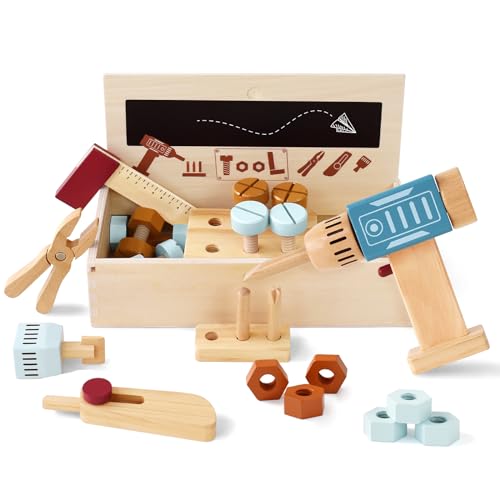 Little Log Werkzeugkoffer Kinder werkbank Holzspielzeug Werkzeugkasten mit Bohrer Rollenspiel Holzwerkzeugen konstruktionsspielzeug Geschenke für 3 jährige Jungen und Mädchen von Little Log