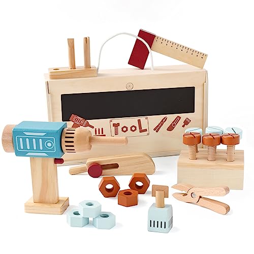 Little Log Werkzeugkoffer Kinder werkbank Holzspielzeug Werkzeugkasten mit Bohrer Rollenspiel Holzwerkzeugen konstruktionsspielzeug Geschenke für 3 jährige Jungen und Mädchen von Little Log