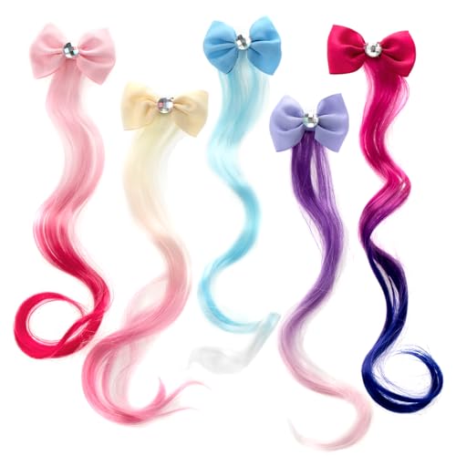 Locken Haarverlängerung Clips, 5 Stück Little World Haarsträhnen Kinder Bogen Prinzessin Haarspangen Mädchen Haarschmuck Bunte Haarsträhnen, Haarschmuck Mädchen Bunte Haarteile Party Ankleiden von Little World